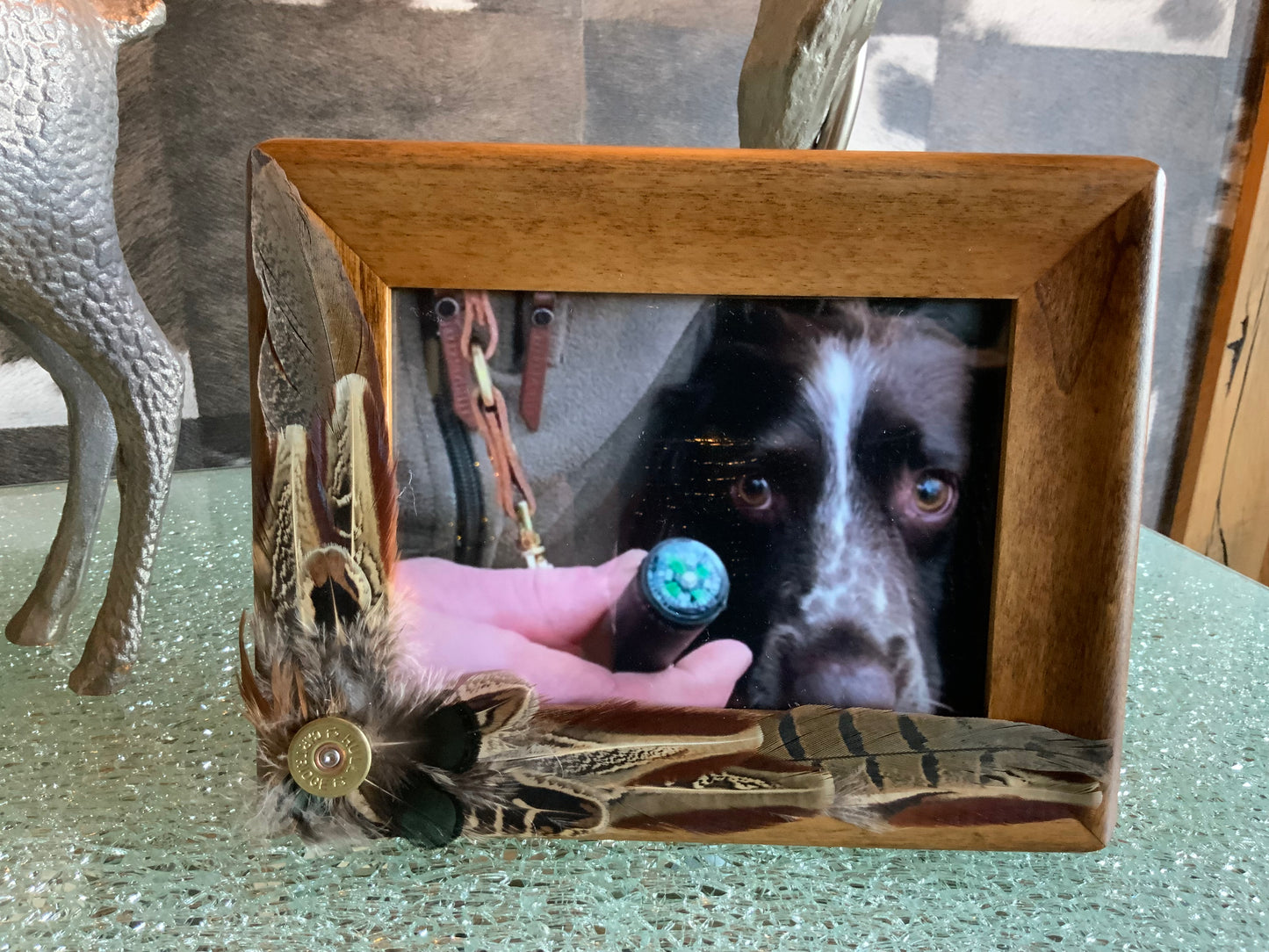Solid Wood Photo Frame with Pheasant Feathers and 12 Bore Cartridge