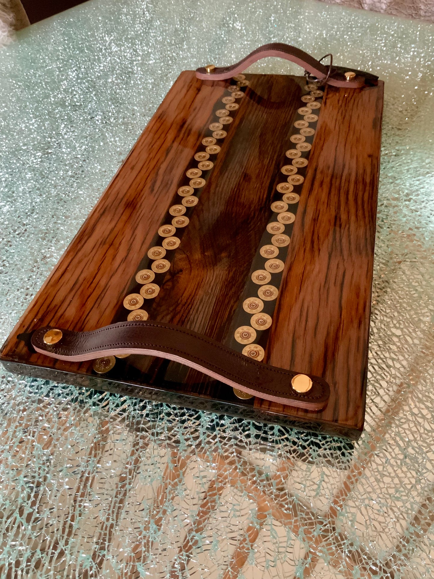 Skeet Triple Wood Double Resin Channel Charcuterie Platter with 20 Bore Cartridges