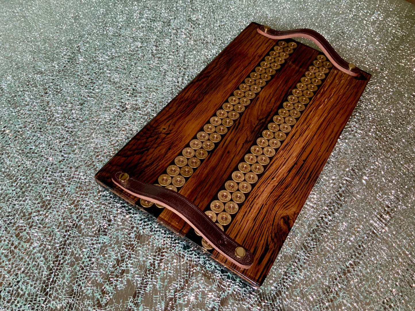 Skeet Triple Wood Double Resin Channel Charcuterie Platter with 12 Bore Cartridges