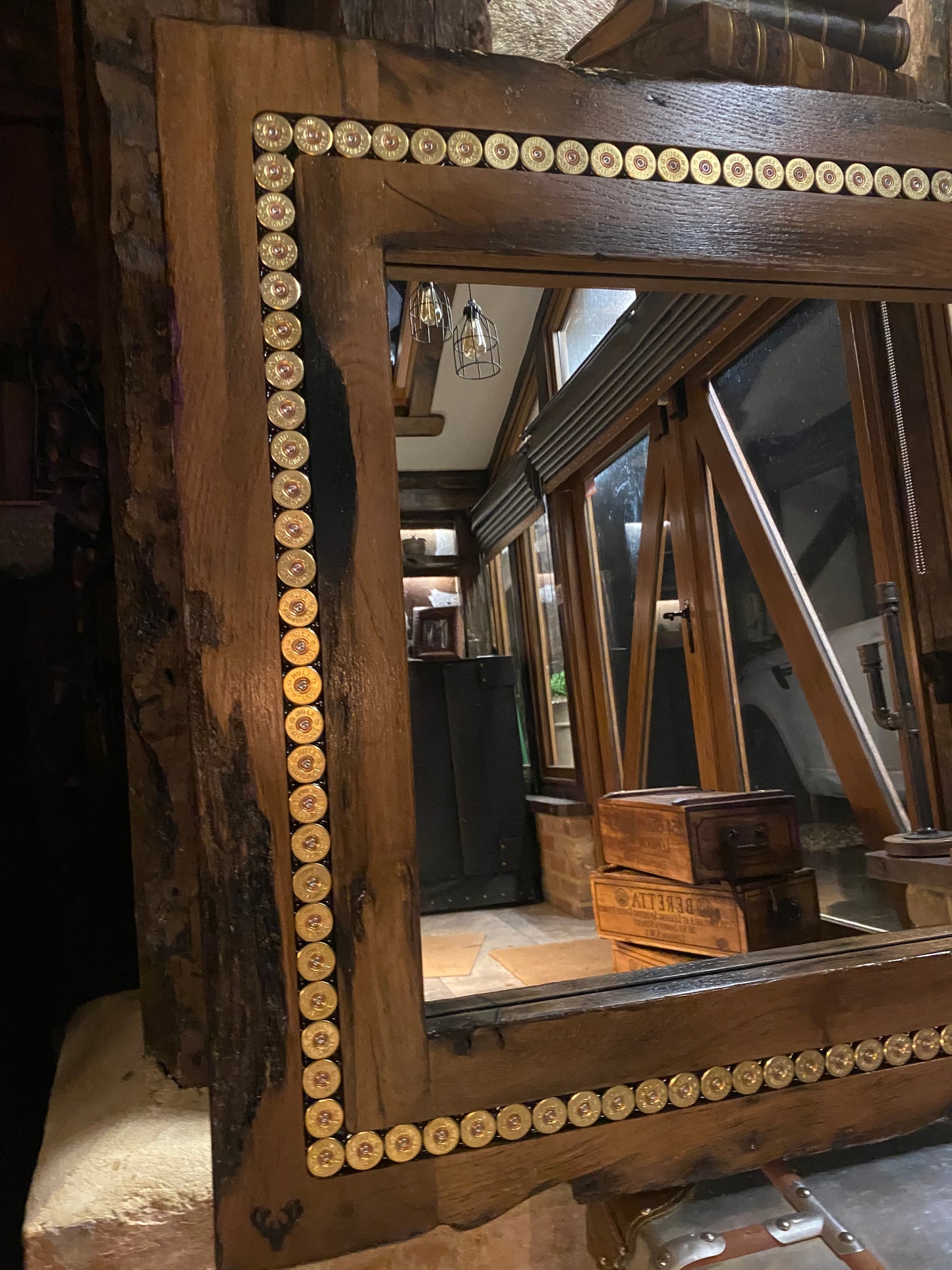 Reclaimed Belgian Oak Gun Cartridge Mirror - Handcrafted Shooting Gift