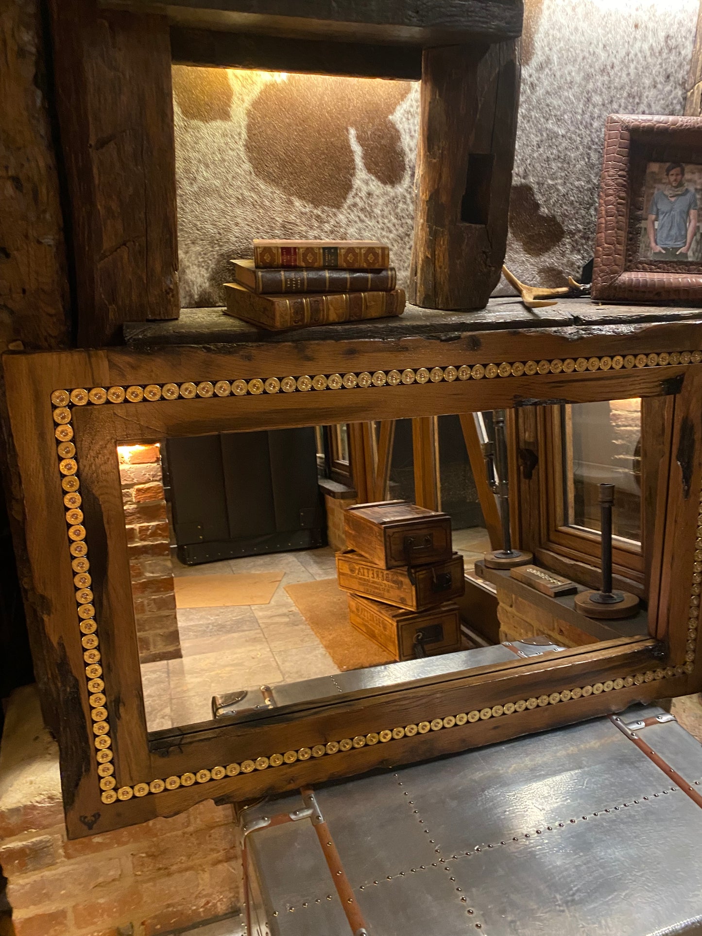 Reclaimed Belgian Oak Gun Cartridge Mirror - Handcrafted Shooting Gift
